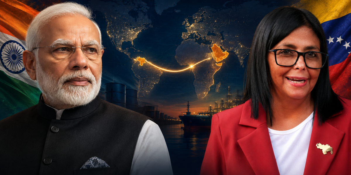 India Venezuela oil diplomacy thumbnail showing Narendra Modi, Delcy Rodríguez, energy route map, oil tanker, and Global South strategic cooperation