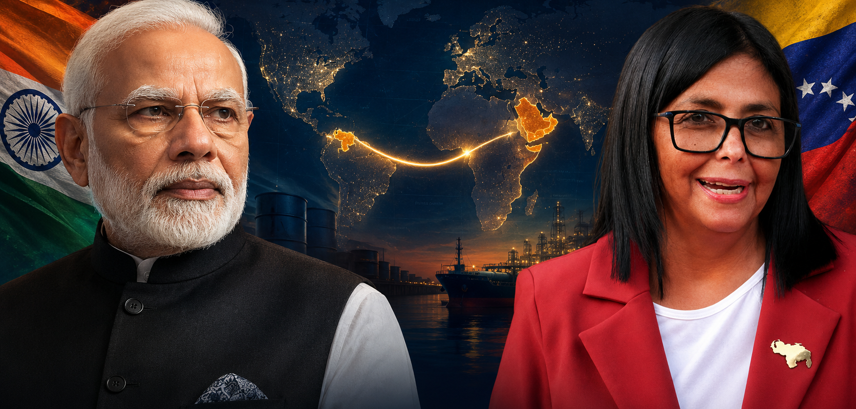 India Venezuela oil diplomacy thumbnail showing Narendra Modi, Delcy Rodríguez, energy route map, oil tanker, and Global South strategic cooperation